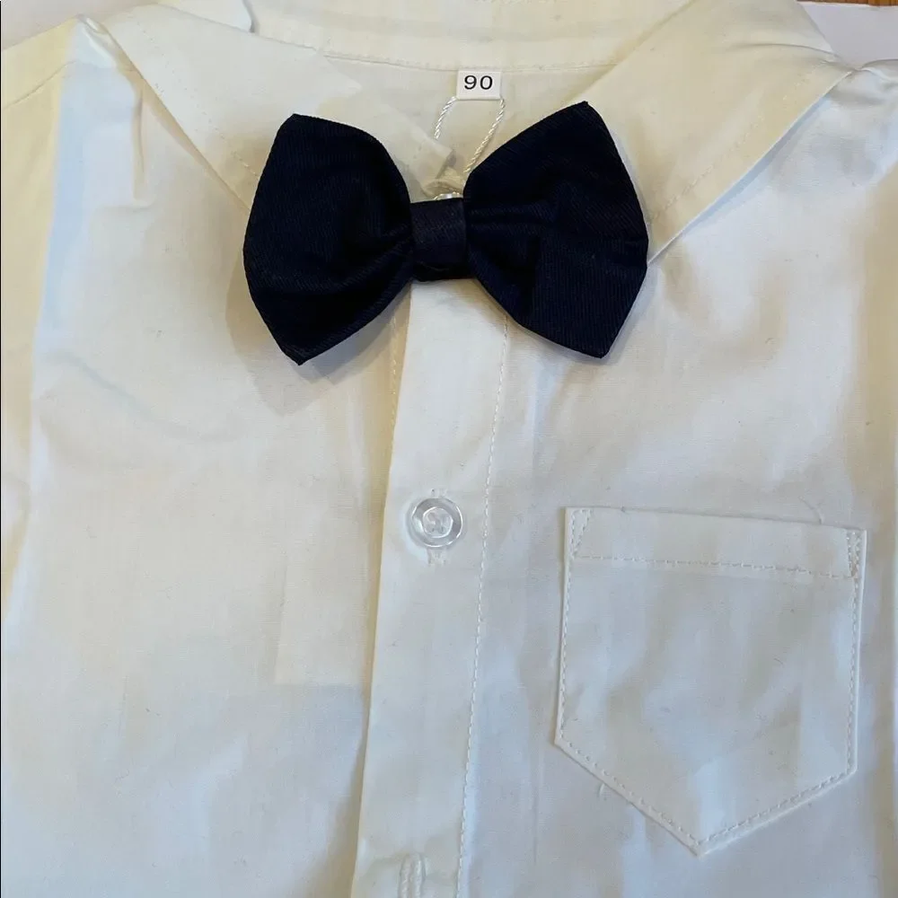 White Shirt and Gray Pants 3 piece  Set with navy Blue  Bow Tie and suspenders
